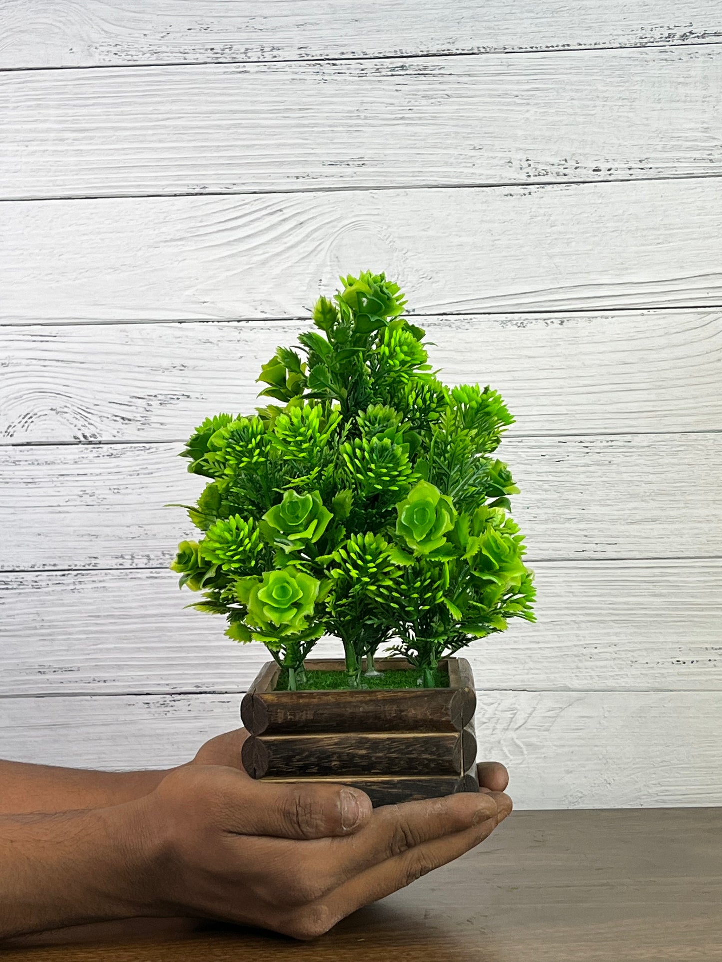 Akaar Artificial Plants Green Rose Bonsai with Wooden Pot
