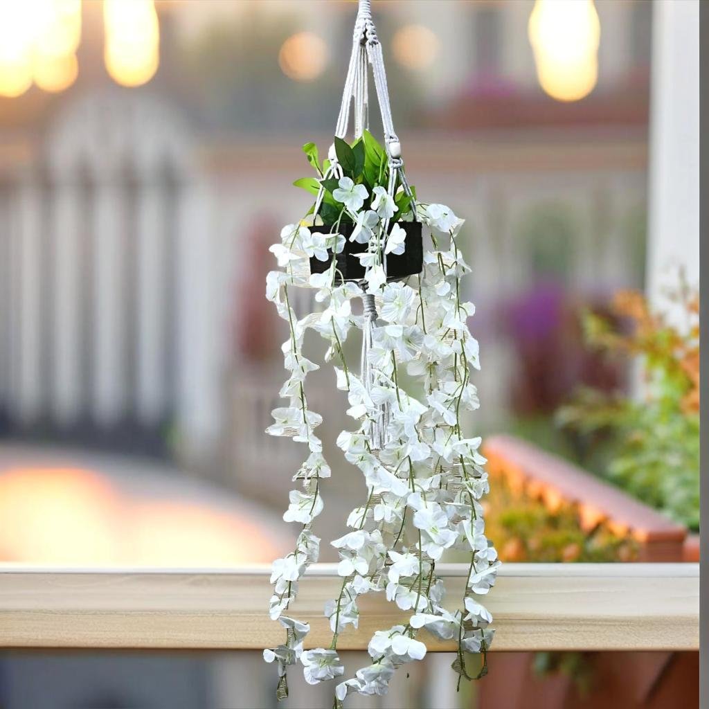 Akaar White Wisteria Hangings with Pot in Cotton Macrame Plant Hanger