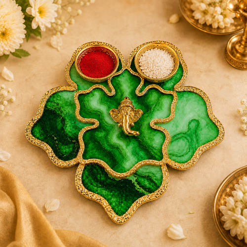 Decorative Pooja Platter Set with 2 Katoris & Ganesha Motif | 8 Inches | Floral Festive Décor for Diwali, Ganesh Chaturthi, Roli Chawal Setup, Home Decoration & Gifting