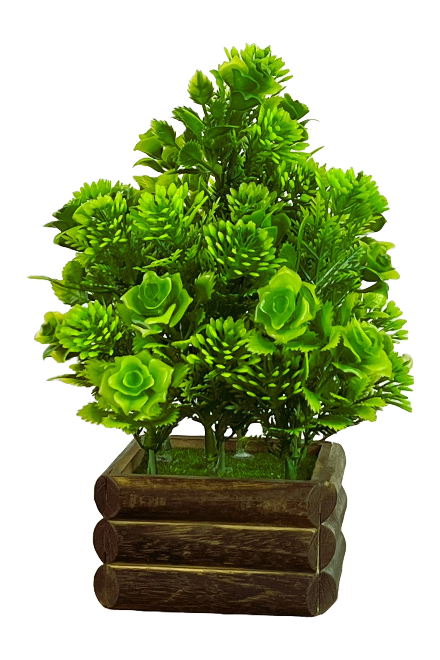 Akaar Artificial Plants Green Rose Bonsai with Wooden Pot