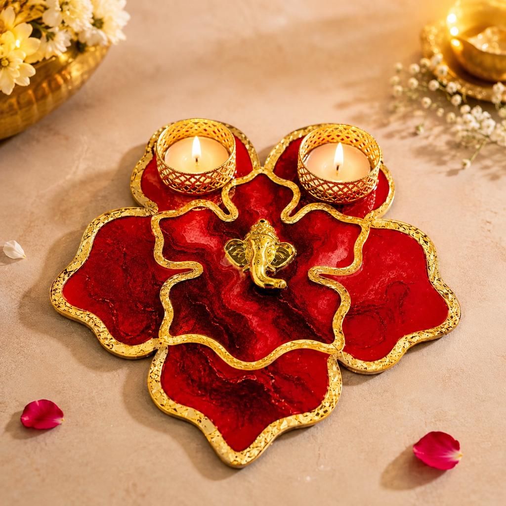 8 inch Ganesha candle holder platter red