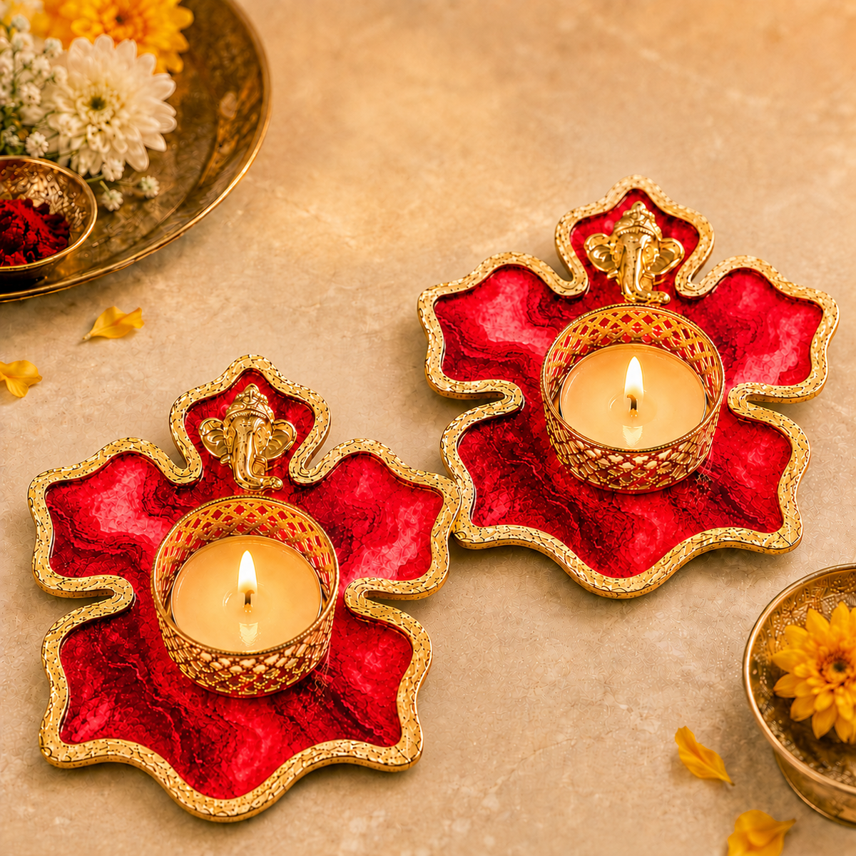 Ganesha tea light candle holder set of 2 red